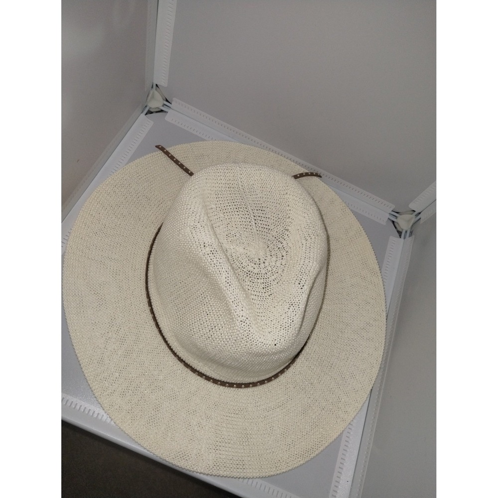 White straw adjustable Vince Camuto hat with brown string accent - Picture 3 of 6